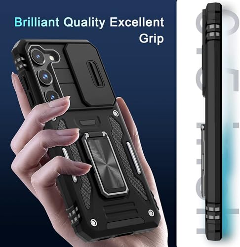 Image of ShieldTech Back Cover Case Compatible for Samsung Galaxy S23 Plus 5G with Slide Camera Cover & Rotated Ring Kickstand | Military Grade Mobile Phone Cover Case for Samsung Galaxy S23 Plus 5G (Black)