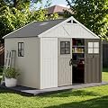 Devoko 10x8 FT Resin Outdoor Storage Shed with Floor, Plastic Tool Garden Shed with Windows & Lockable Door, Outside Large Storage Shed for Patio Backyard Lawn, Beige
