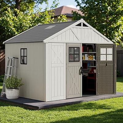 Devoko 10x8 FT Resin Outdoor Storage Shed with Floor, Plastic Tool Garden Shed with Windows & Lockable Door, Outside Large Storage Shed for Patio Backyard Lawn, Beige