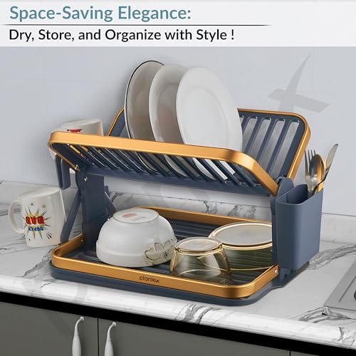 Image of Plantex Kitchen Storage Rack /Aluminium Fold Flat Dish Drying Rack with Drainboard /2-Tier Kitchen Organiser Rack - (Gold & Grey)