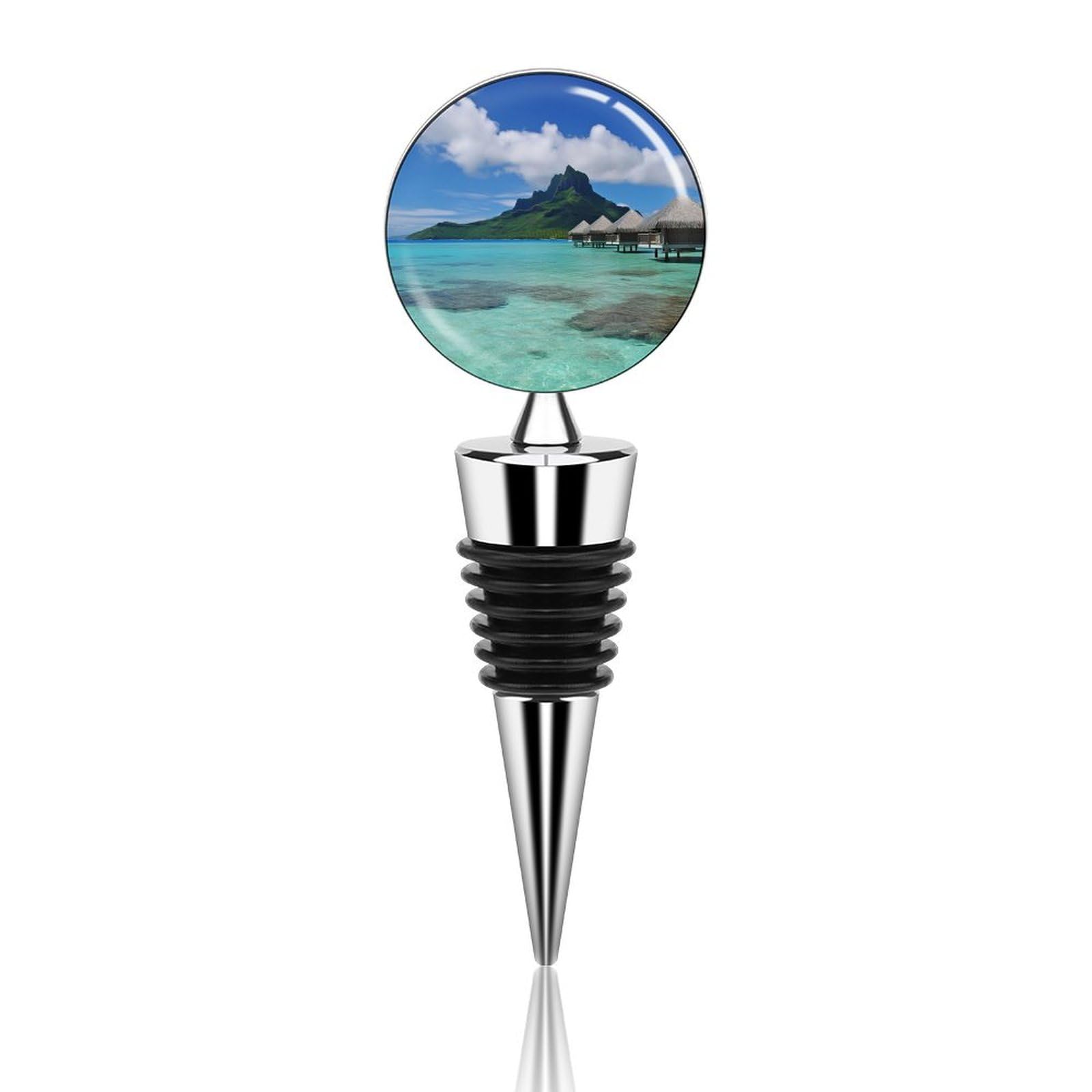 Tahiti Beach Wine Stopper Decorative Champagne Stoppers Reusable Wine Corks Beverage Stopper with Silicone Leak Proof Keep Fresh Cork Stoppers for DIY
