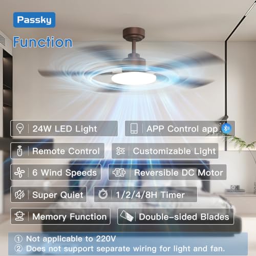 Image of Passky 52 Inch Brown Sleek Ceiling Fans with Lights, Remote Control | 3-color dimmable light, quiet reversible DC motor, easy install, memory, Timer, APP, bedroom, covered outdoor areas