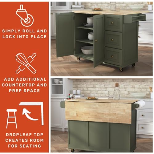 Image of Homestyles Mobile Kitchen Island Cart with Wood Top and Dropleaf Breakfast Bar, 18 inch D x 53.5 inch W x 36 inch H, Green