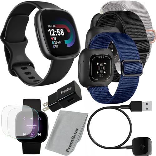 Fitbit Versa 4 Health and Fitness Smart Watch (Black/Graphite) with Built-in GPS, 6 Day Battery Life, Bundle with PremGear 3 Nylon Comfortable Watch Bands, Wall Adapter, Screen Shields & Cloth