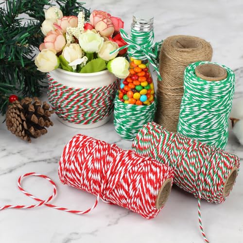 Image of 4 Rolls Natural Jute Twine, Red, Green & White - 70m /Roll