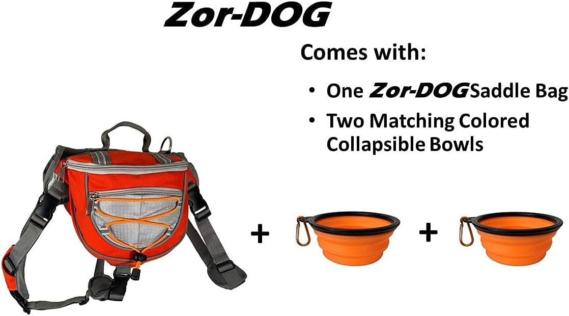 Saddlebag Back Pack & Harness Combo for Dogs 30-100+ lbs. Perfect for Travel, Trail Hiking, & Camping. Reflective, Lightweight, & Comfortable. Comes with Two Collapsible Bowls (Large, Blue)
