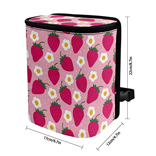 Image of Talayituse Strawberry Flower Print Car Trash Bin, Laege Size Auto Trash Can Adjustable Portable Garbage Can with Lid, Vehicle Hanging Bag for Headrest Front Back Seat, Pink