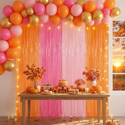 Frienda 4pcs Sunset Party Decorations 6.6ft Fringe Curtains Sunset Soiree Party Decorations Pink and Orange Backdrop Curtains for Autumn Thanksgiving Bridal Wedding Graduation Backdrop Decor