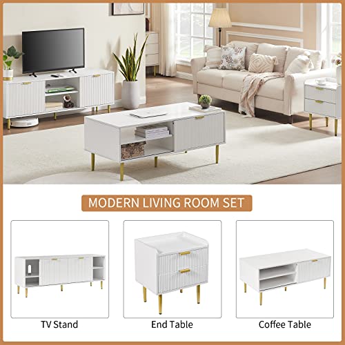 Okvnbjk White Coffee Table, 48" Modern Center Table For Living Room, Cocktail Table W/Waveform Panel Sliding Door Style, Large Storage Space, Square Coffee Tables For Books, Desk Supplies, Games，White #TOP4