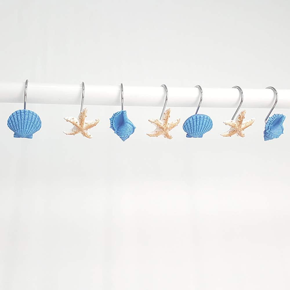 Shower Curtain Hooks, 12Pcs Seashell Anti Rust Decorative Resin Shower Curtain Rings Hooks for Bathroom Shower Rods Curtains Window Hangings Holder