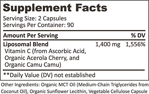 Liposomal Vitamin C | Made With Organic Ingredients | 1400Mg Per Serving | 180 Capsule - 90 Serving | China Free | Non Gmo | Fat Soluble - High Absorption Antioxidant | Immune System Support #TOP5