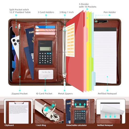 Image of Ospelelf 3 Ring Binder Portfolio Folder with Zipper- Leather Padfolio with Clipboard Storage- Calculator, 12.1 inch Tablet Sleeve, 5 Dividers with Pocket, Refillable Notepad, Card Slot (Red Brown)