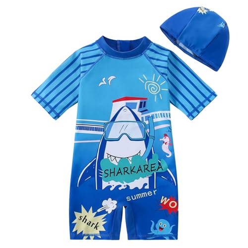 AIWUHE Boys One Piece Swimsuit Toddler Swimwear Rash Guard Suits Short Sleeve Zipper Bathing Suit Beach UPF 50+ with Hat 1-6Y
