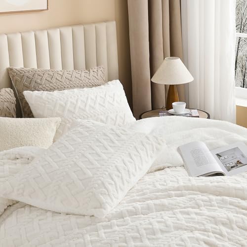 Image of Andency Fluffy Sherpa Queen Comforter Set, White Fleece Soft Bedding Set