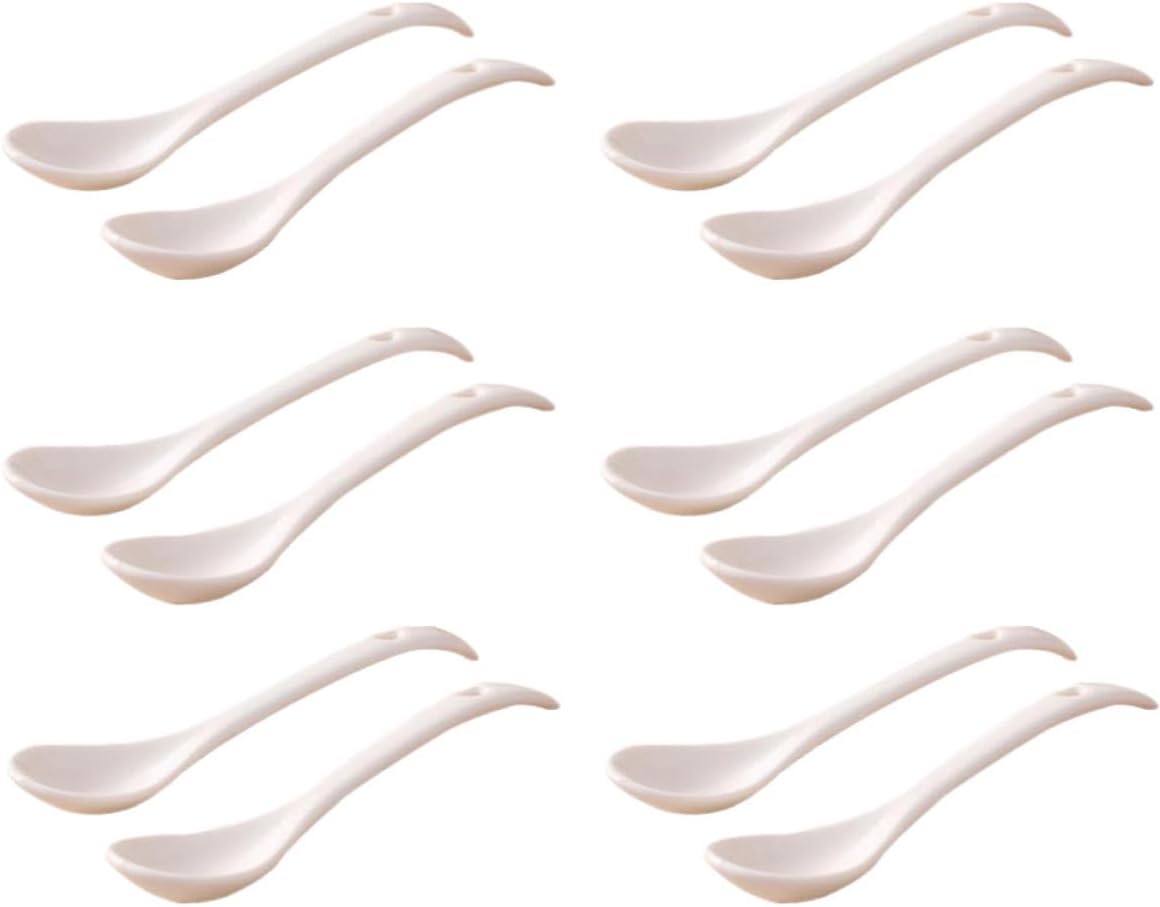 KOMBIUDA 12pcs White Ceramic Soup Spoons Set with Multi-function Healthy Design, 14cm Table Spoons for Home and Restaurant Use