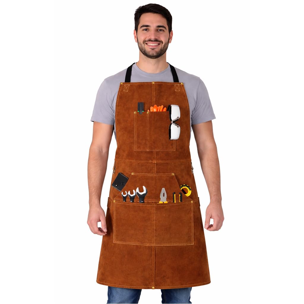 BWOLF SMITH Grembiule Saldatore in Pelle per Lavoro di Legno | Grembiule per Falegname con 6 Tasche | Grembiule per Saldatura e Resistente | Resistente al Calore | Regolabile
