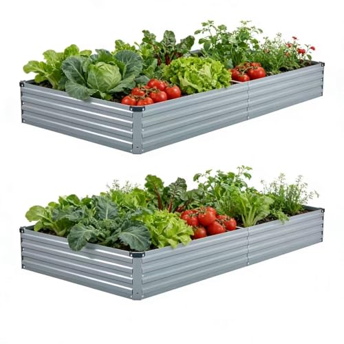 Foxlang 8x4x1ft(2 PCS) Galvanized Raised Garden Bed,Outdoor Planter Box Metal Patio Kit Planting Bed for Vegetables Flowers Herb,Gray
