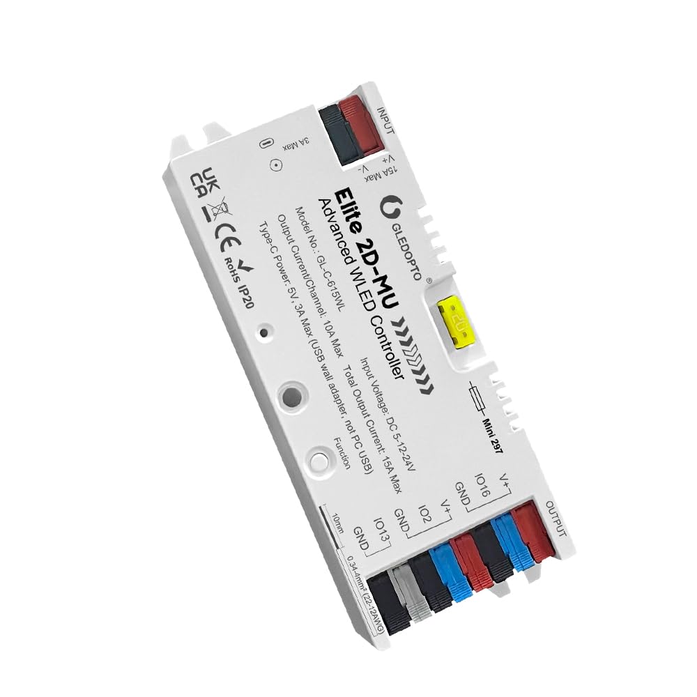 GLEDOPTO Contrôleur LED ESP32 WLED Élite 2D-MU, Relais Économie d'Énergie, Fusible 20A - pour Bandes LED Adressables WS2812B, SK6812, WS2815 (Blanc)