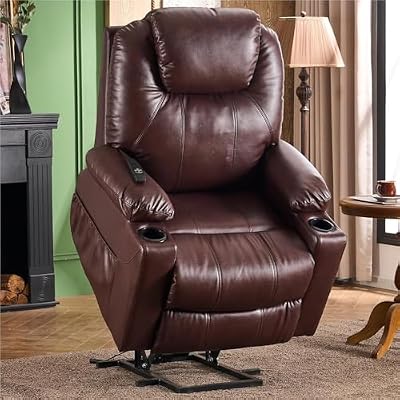 Power Lift Recliner Chair for Elderly Adults, Electric Adjustable Recliner with Massage and Heat, PU Leather Upholstered Sofa Seat, USB Type C Ports and Cup Holders for Living Room, Brown