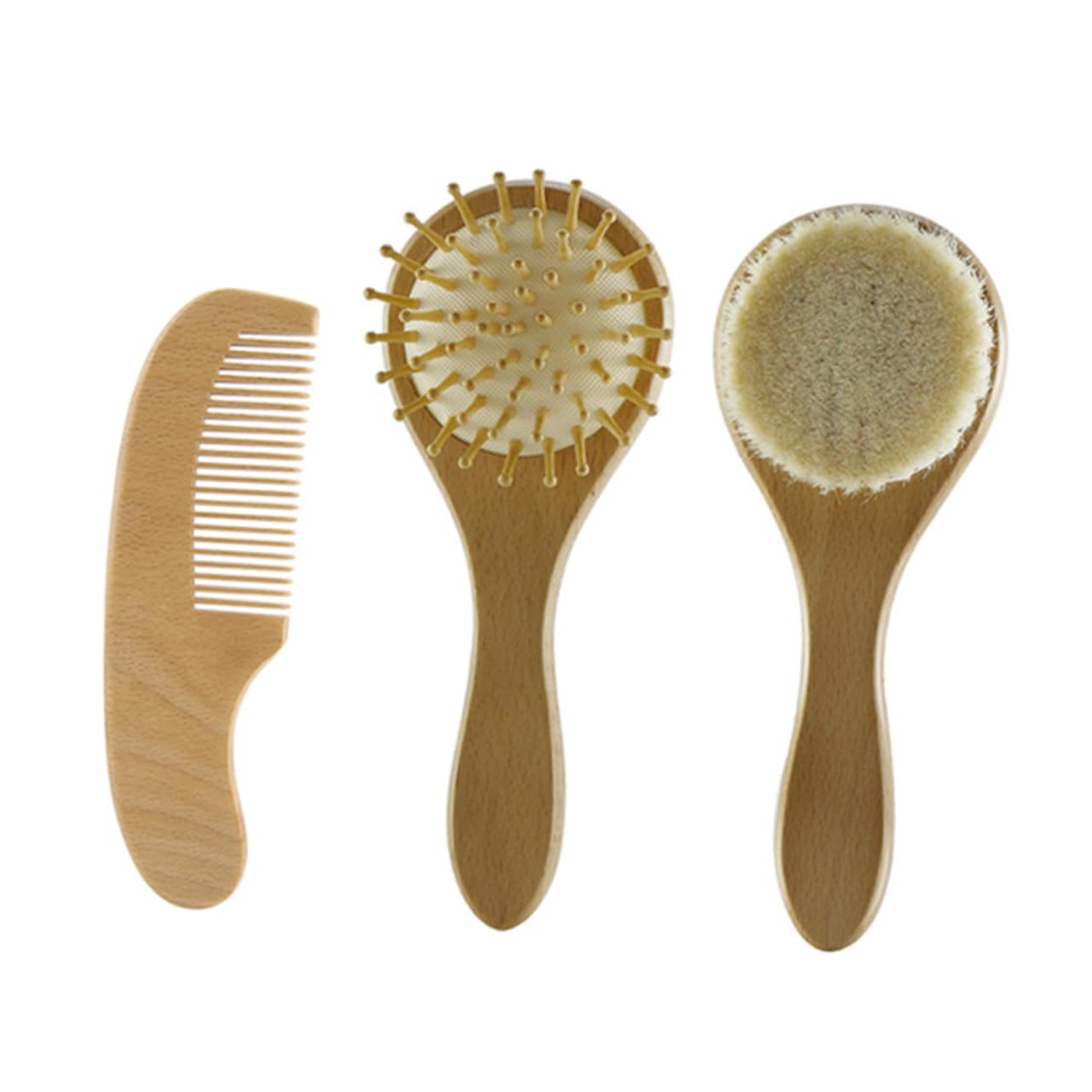 CANIGHT Baby Hair Woolen Brush Set Scalp Grooming Comb Wooden Handle Gentle on Baby's Sk