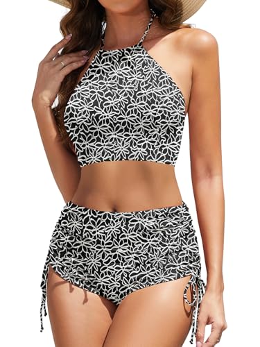 Image of Women Halter Top Boy Short Bikini High Waisted Swimsuit | Rib Knit, Tummy Control Modest Bottom, Adjustable Front Tie Drawstring, Flattering Two Piece Set, Vacation Sexy Bathing Suit