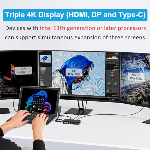 Image of 12-in-1 Surface Docking Station, 4K@60Hz Triple Display Surface Dock with HDMI, DP, USB-C, 4-Screen Support, 4 USB Ports, SD /TF, Audio for Surface Pro 11 /10 /9 /8 /7, Surface Laptop, Book, Go