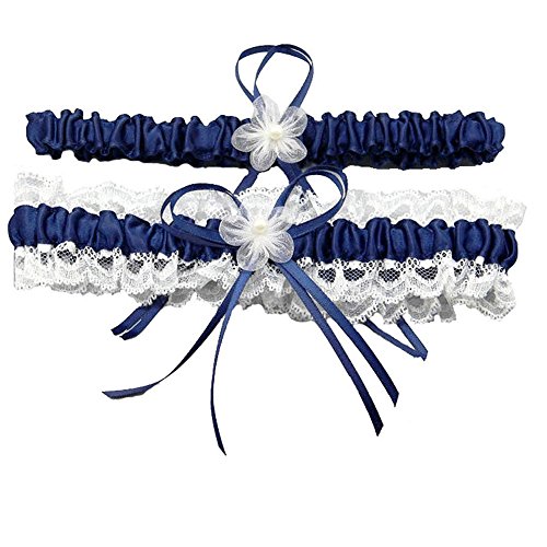 MMTTAO Wedding Garter for Bridal Leg Ring Satin Bow Pearl Stretch Prom Garters Set - Navy