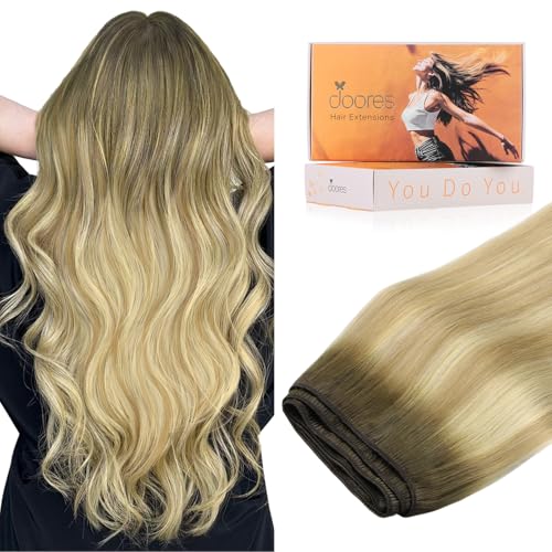 Image of DOORES Weft Hair Extensions Remy Hair, 22 Inch 110g Light Ash Brown to Light Blonde Highlighted Golden Blonde, Natural Looking Weft Extensions for Women
