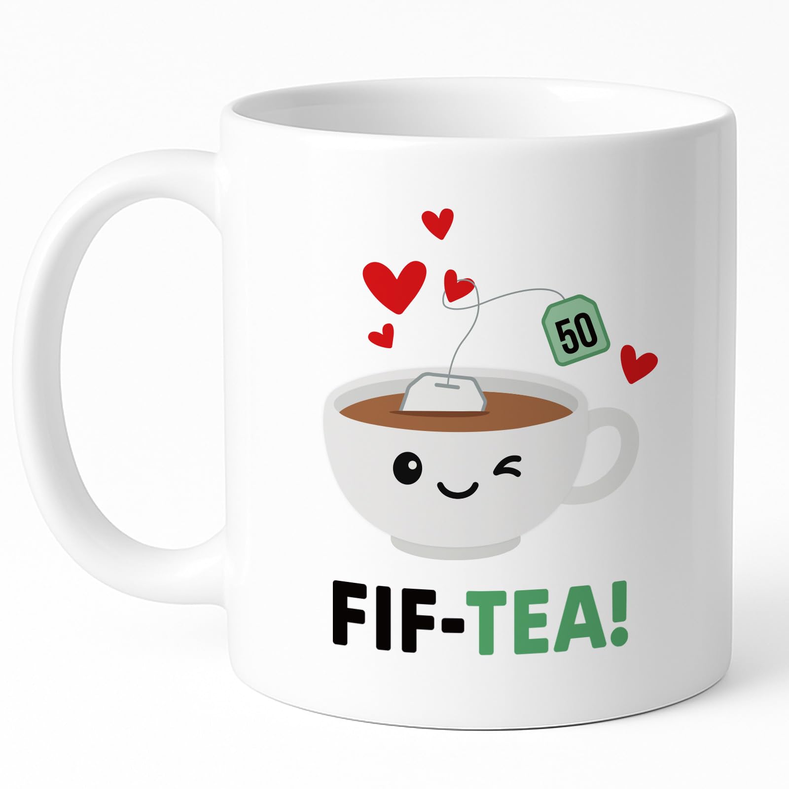 Custom Moments FIF-Tea Mug 50th Birthday Gifts for Women, Her, Friend, Mum, Wife, Funny Cute Tea Lover Cup, Smiley Heart Design, Ceramic Coffee Mug