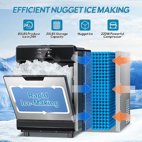 Image of Nugget Ice Maker Countertop, 80Lbs /24H with 20LBS Ice Basket | 2 Water Inlet (Tap /Bottle), Self-Cleaning Stainless Steel Pellet Ice Machine, Chewable Ice Dispenser for Home Kitchen Office