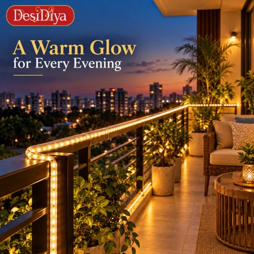 Image of Desidiya 20 Meter LED Rope Light Warm White for Diwali Decoration | Flexible PVC Pipe Light for Balcony, Window, Ceiling Cove & Mandir | Plug-in Decorative Lights for Home, Wedding & Party Decor