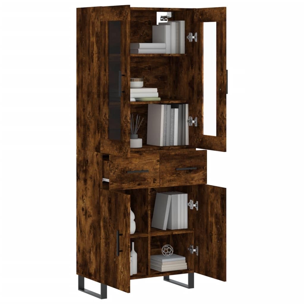 Homgoday Aparador Alto, Vitrina de Cristal, Vitrina Salón, Mueble de Salón, Aparador Comedor, Aparador Cocina, Estantería Oficina Madera contrachapada Roble Ahumado 69,5x34x180 cm