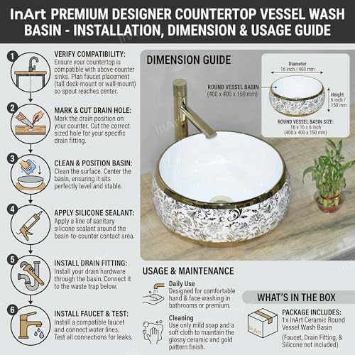 Image of InArt Designer Ceramic Wash Basin /Vessel Sink /Over or Above Counter Top Wash Basin for Bathroom Round Shape Golden White 16 x 16 x 6 Inch