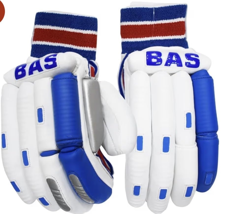 Image of BAS VR3 Cricket Batting Gloves, Faux Leather, White and Blue, Lightweight with Maximum Grip, Adult, Right Handed