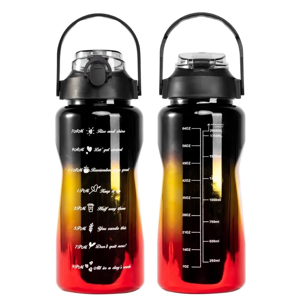 Image of Motivational Water Bottles with Times to Drink for Fitness 2000 ml Bottle Multicolor Silicone BPA Free Plastic with Straw