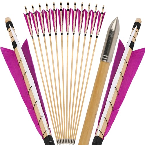 limaity Flechas de Madera para Tiro con Arco de 32 Pulgadas. Flechas Tradicionales de Caza con Plumas Naturales de 5 Pulgadas. para Arcos recurvos y Largos (12 Unidades,2 Magenta y 1 Blanco