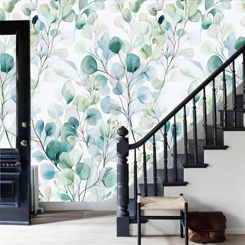 Papier peint panoramique fleurs feuilles d'eucalyptus vert