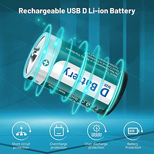 Fitinoch 6 Pack Rechargeable 1.5V Lithium D Cell Batteries With Usb-C 4 In 1 Charging Cable, Lr20 D Size Battery Replacement For Flashlight, Floodlight #TOP3
