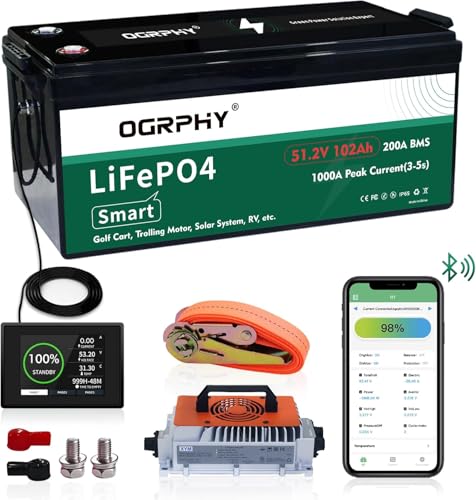 OGRPHY 48V Lithium Golf Cart Battery, with 18A Charger, Touch LCD Monitor, Retention Strap, 200A BMS, 1000A(3-5) Peak Current 10 Yrs Lifespan Perfect for Golf Cart, Trolling Motor(48V 102Ah)