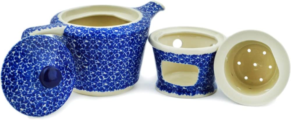Polmedia Polish Pottery Tea or Coffee Pot with Heater - Blue Bounty Pattern Handmade in Boleslawiec Poland by Ceramika Artystyczna + Certificate of Authenticity