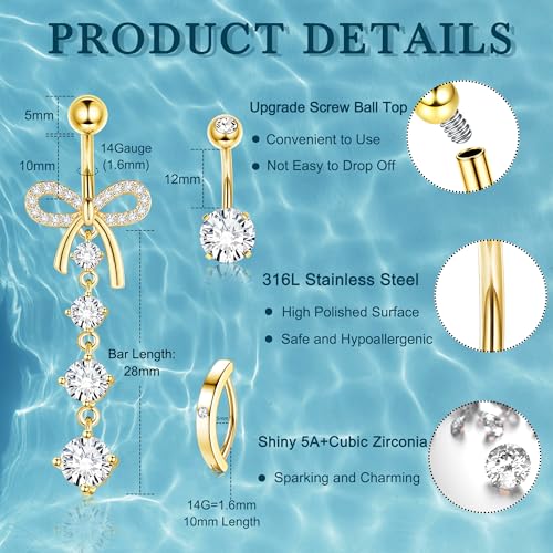 CASSIECA 10Pcs Gold Belly Button Piercing Ring-Surgical Steel CZ Heart Navel Belly Rings for Women Dangle Short Clicker Navel Piercings Cute Summer Jewelry 14G4