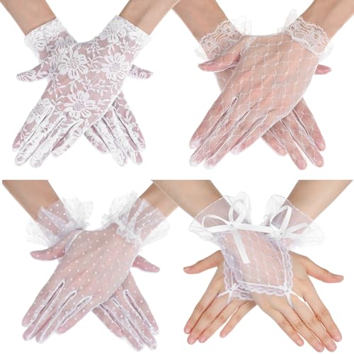 4 Paar Handschuhe Damen Elegant Spitze Handschuh Kurze Braut Teeparty Blumenhandschuhe Spitzen Spitzenhandschuhe Sommer Hochzeits Oper Dinner für...