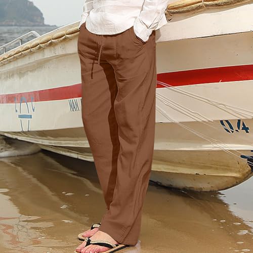 Linen Pants Men Slim Straight Solid Lightweight Drawstring Casual Pants with Pockets Elastic Waisted Lounge Pants2