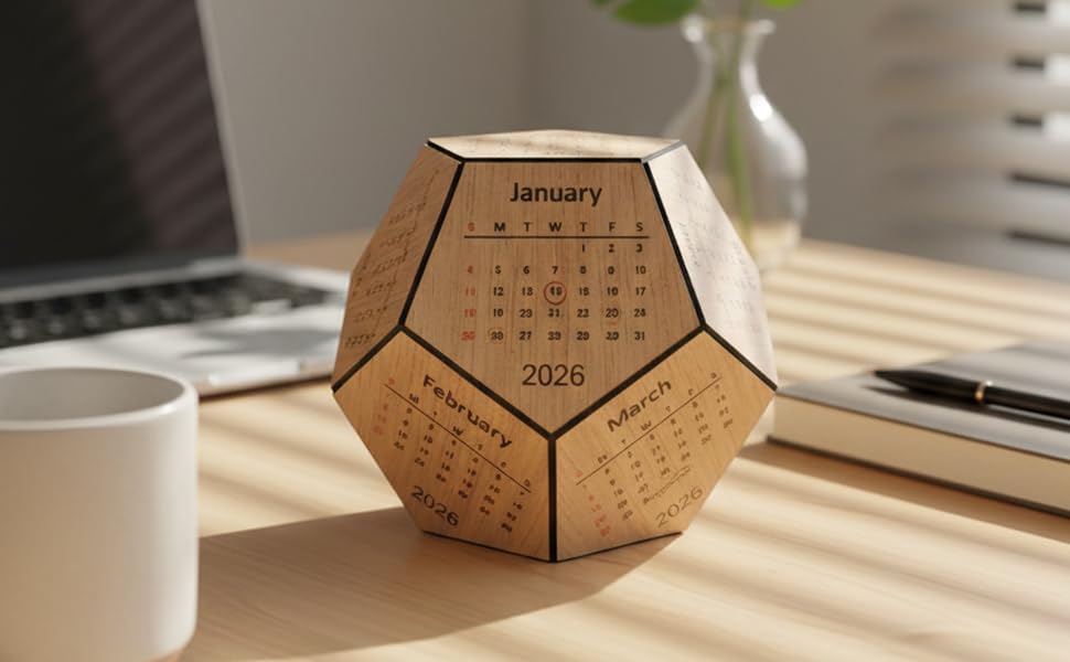 Image of Pentagonal Wooden Desk Calendar 2026, 3D Premium MDF Wood Table Decorative Calendar, Corporate Gift for Office Decor