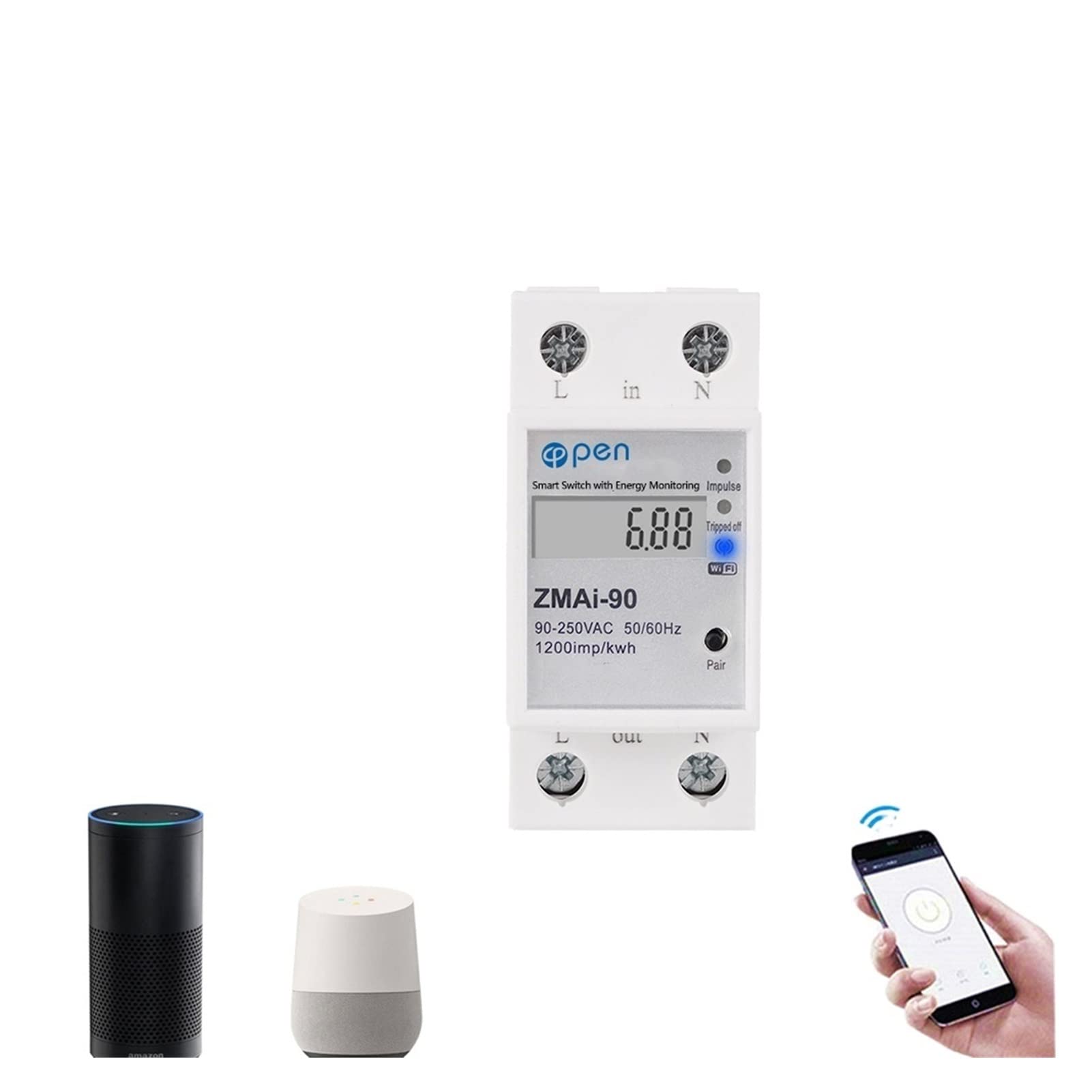 Interruttore automatico WiFi WI-FI Interruttore Smart Control Remote con guida DIN a monofase di energia WI-FI Misuratore di energia intelligente Telecomando senza fili