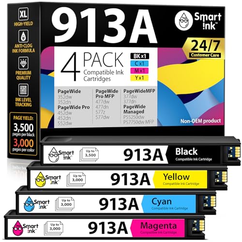 Smart Ink Kompatible Druckerpatronen Kompatibel für HP 913A 913 A 4 Multipack (Schwarz Blau Rot Gelb) Kompatibel mit PageWide 377dw 477dw 352dw 577dw 452dw 477dn 452dn 577z 552dw P55250dw Drucker