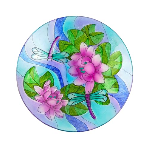 Alpine Corporation 18' Glass Birdbath Topper with Purple Dragonfly Painted Finish