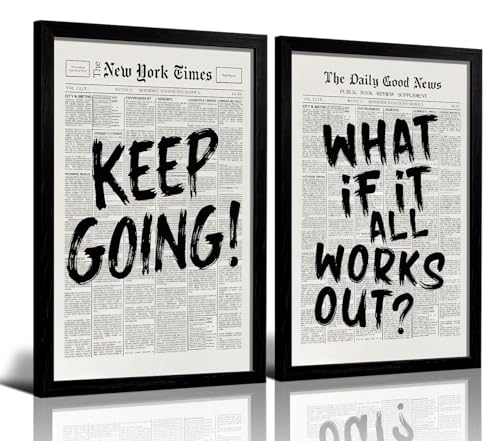 RUURUU Framed Retro Black And White Newspaper Canvas Wall Art Positive Affirming Quote wall décor What If It All Works Out Art Prints Wall Painting Picture Bedroom Decor Poster 12x16inches