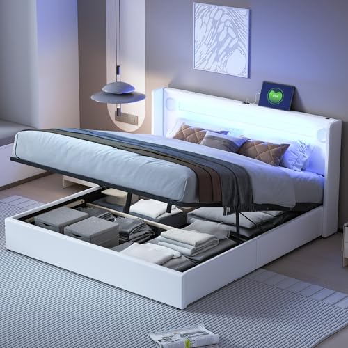 LAKFEW Cama 160x200 cm Camas Matrimoniales con USB y Luz LED, Cama Matrimonio con Reproductor Bluetooth y Almacenamiento Hidráulico, Estructura Metálica, PU, Blanco, Sin Colchón
