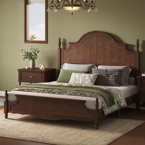 AMERLIFE California King Size Solid Wood Bed Frame with 55' Arched Headboard, Vintage Poster...